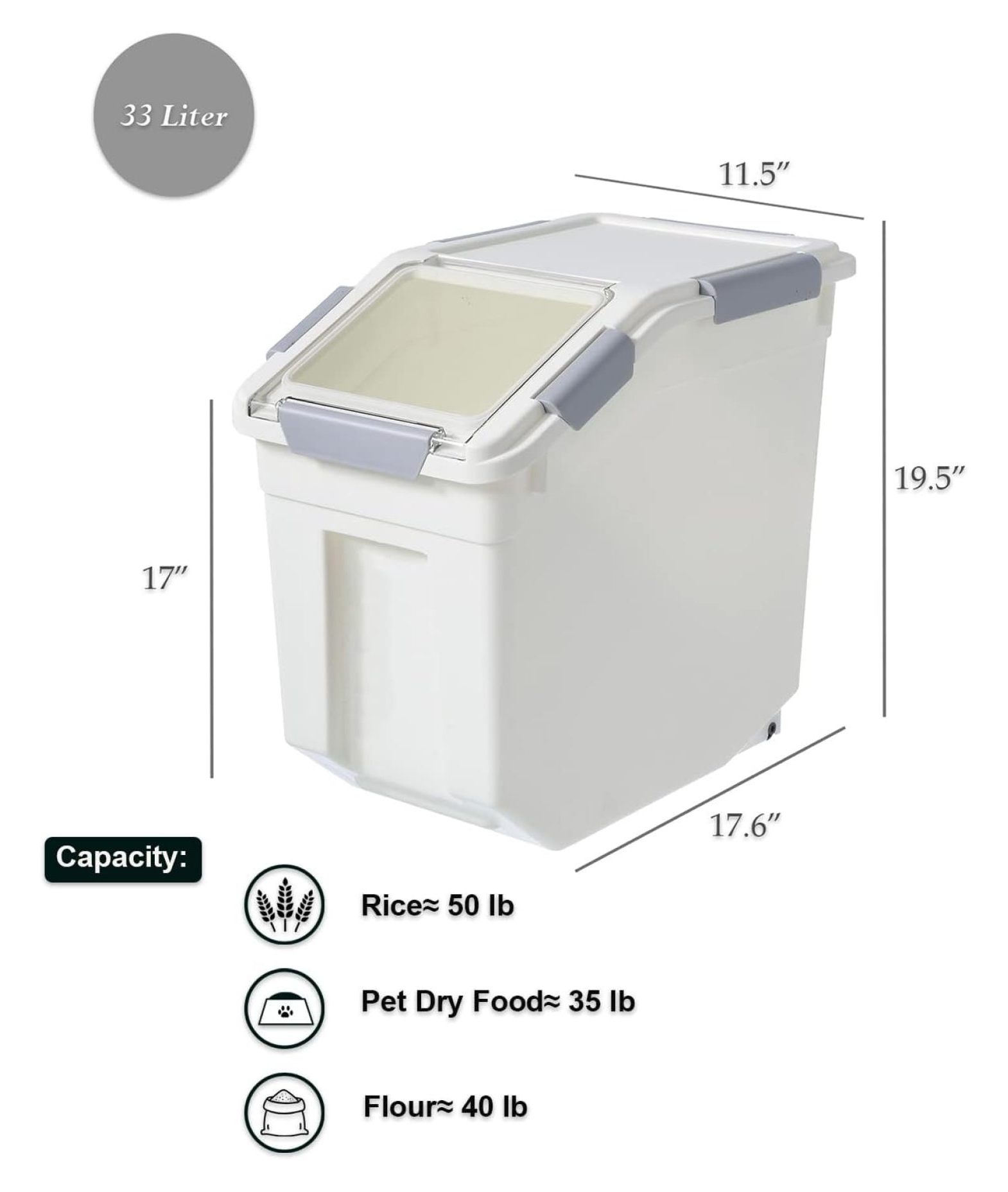 Rice Storage Container 33 Liter - Airtight Food Container with Measuring Cup & Wheels - BPA Free Grain Bin for Rice, Flour, Pet Food - 50lbs Capacity