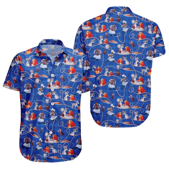 Lady and the Tramp Hawaiian Shirt, Romantic Disney Button Shirt, Spaghetti Date Cartoon Beach Shirt, Vacation Outfit
