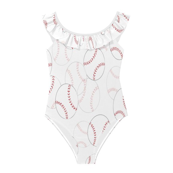 Girls Ruffled One Piece Swimsuit Summer Beach Vacation Swimwear Tank Swimsuit Baseball Seamless Pattern