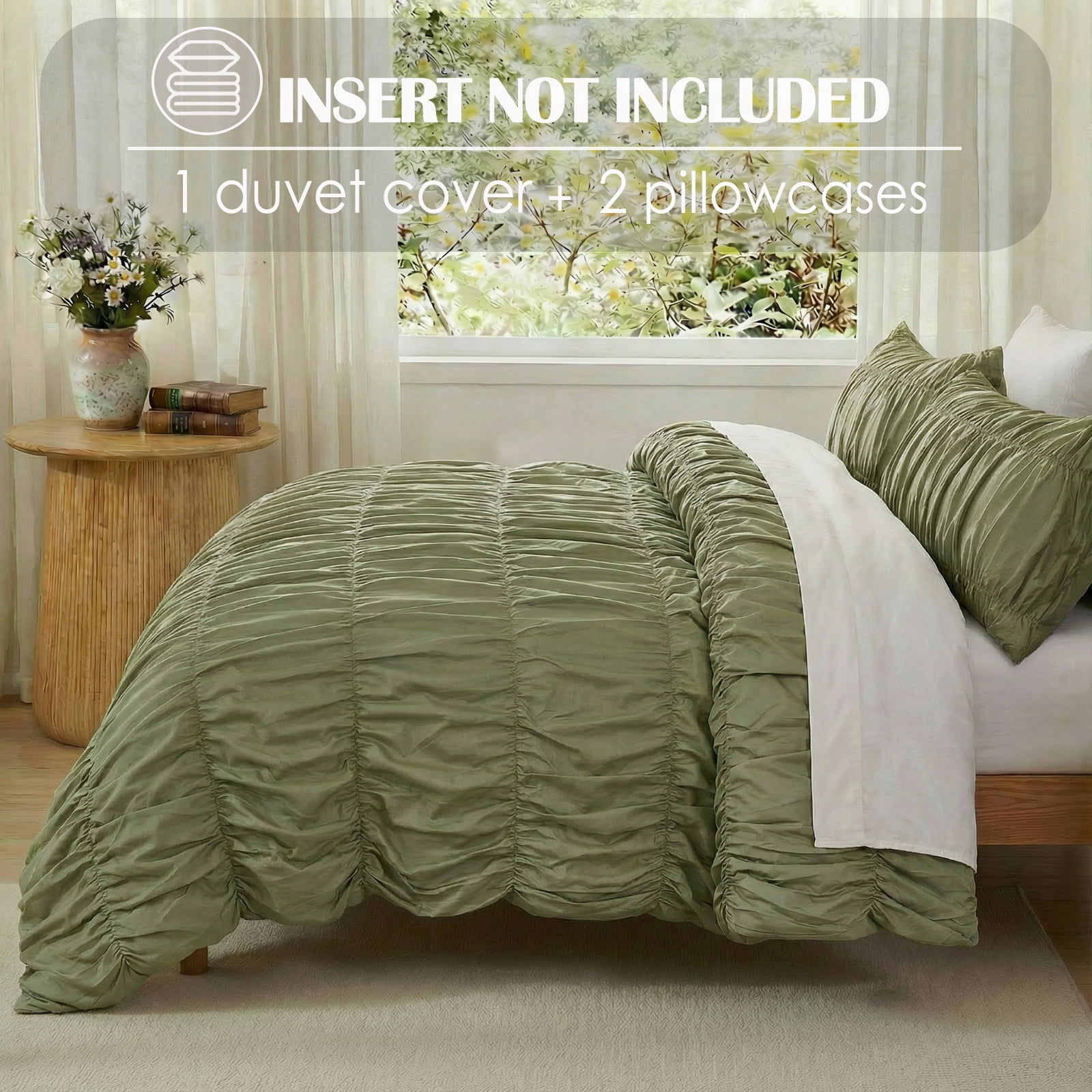 100% Cotton Green Wrinkle Duvet Cover Set Queen,Ruched Bedding Comforter Cover,Shabby Chic Ruffled 3 Pcs Queen Duvet Cover Set,Bohemian Boho Bedding Set with 1 Duvet  Cover 2 Pillowcases