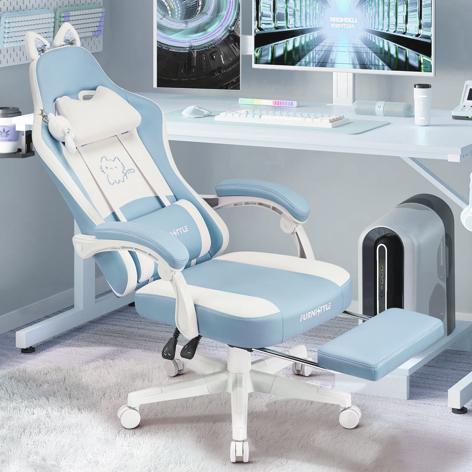 Falvinoryn Cute Gaming Chair, Ergonomic Computer Chair with Cat Ears for Girl, Lumbar Support and Headrest, Reclining Game Chair with Footrest. Blue