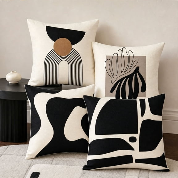Set of 4 Black White Geometric Throw Pillow Covers 18x18, Modern Boho Decorative Cushion Covers for Sofa Couch Bed, Soft Fade-Resistant Accent Pillows with Hidden Zipper, Machine Washable