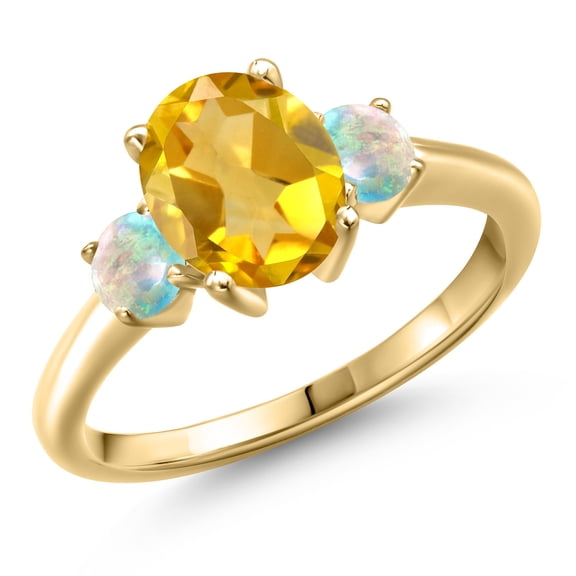Gem Stone King 10K Yellow Gold Yellow Citrine and Simulated White Opal Engagement Ring for Women | 2.00 Cttw | Oval 9X7MM | Gemstone November Birthstone | Size 8
