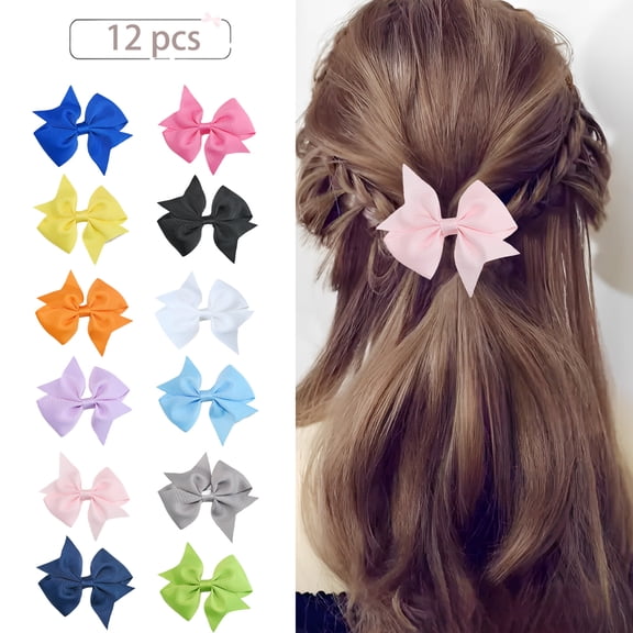 JoyBowie 12 Pcs 3.5 Inch Grosgrain Ribbon Hair Bow Clips, Solid Color Hair Accessories for Girls