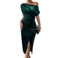 thumbnail image 2 of Women'S Off the Shoulder Asymmetrical Velvet Midi Dress Short Sleeve Ruched Elegant Party Dresses Green L, 2 of 8
