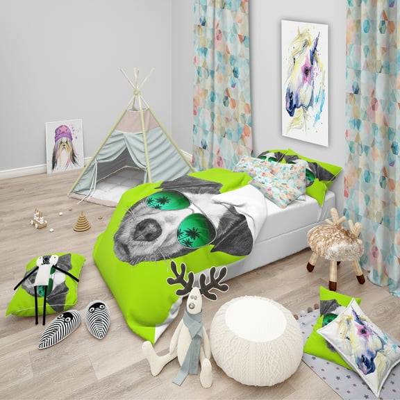 Designart 'Jack Russell in Green Glasses' Tropical Duvet Cover Set