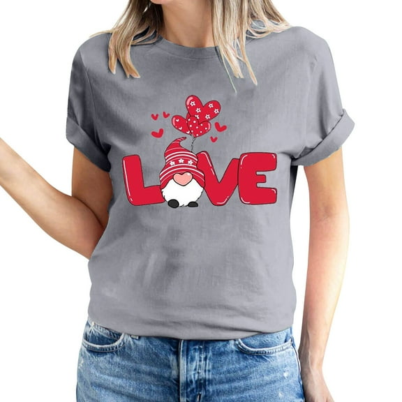 Lovskoo 2024 Womens Summer Tops Round Neck Short Sleeve Tunics Shirts Valentine's Day Heart Printed T-Shirt Top Top/Shirt Gray