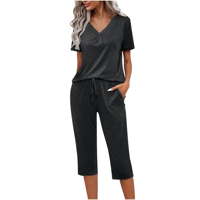 wmjolc Women's Pajama Set V-Neck Short Sleeve Top and Drawstring Capri Pants 2 Piece Casual Pyjama Set Casual Home Sleepwear Basic Solid Color Pjs Set