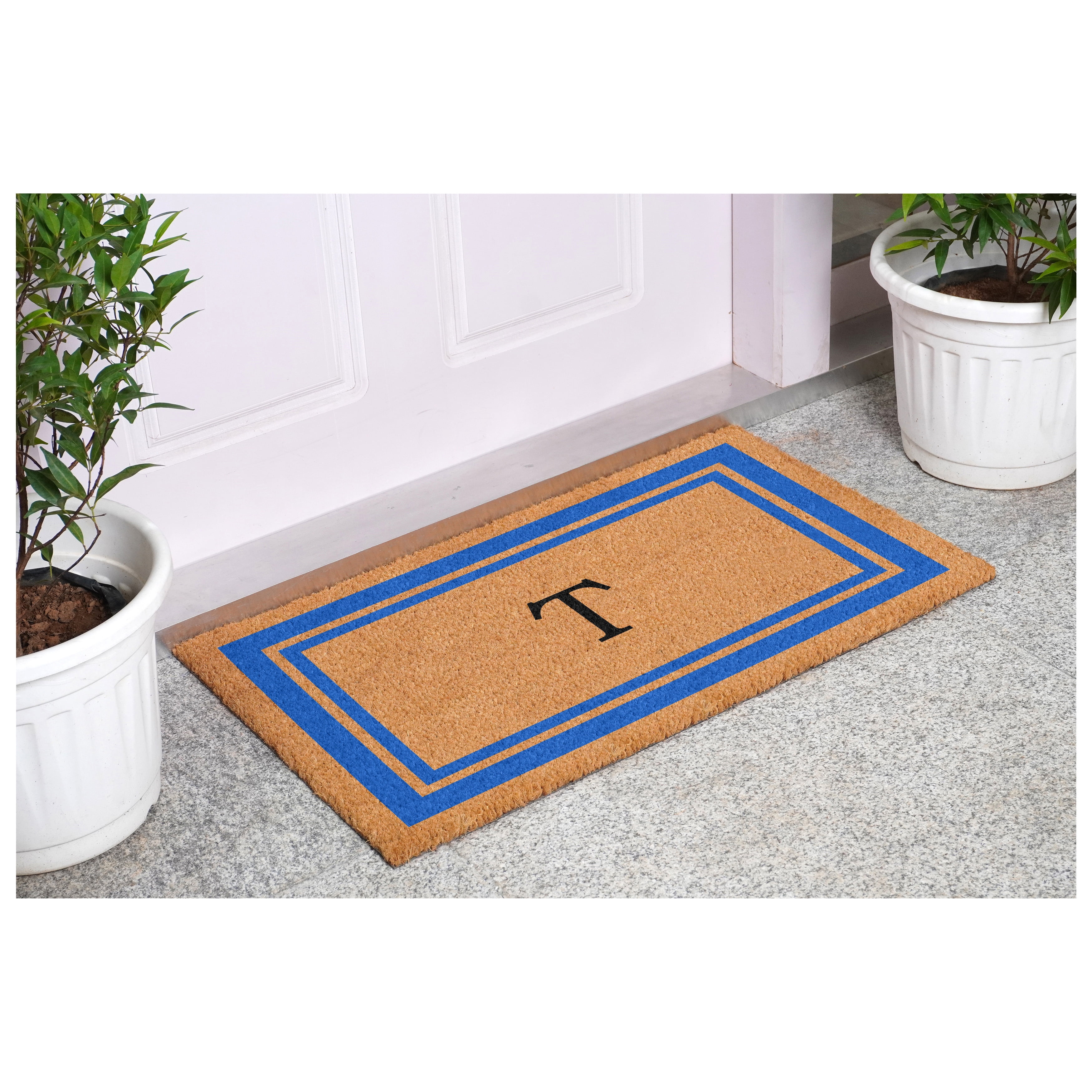 Blue Border  Monogram Doormat (Letter T)