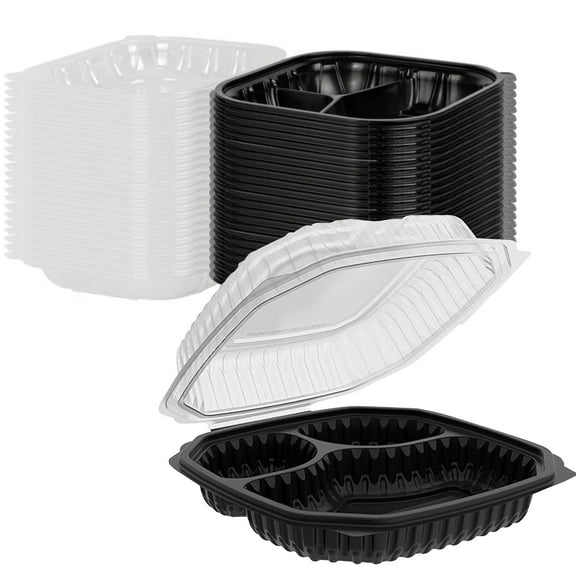 EcoQuality 3 Compartment 10.5x9.5x3 Inch Black Hinged Takeout Container with Clear Lid Disposable Meal Prep Container for Food Storage, Catering, Restaurants (60)