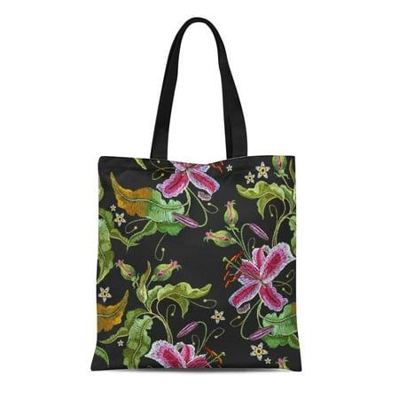 Orchid Embroidery - ASHLEIGH Canvas Tote Bag Purple Orchid Exotic Tropical Flowers Beautiful Classical Summer Embroideries Durable Reusable Shopping Shoulder Grocery Bag