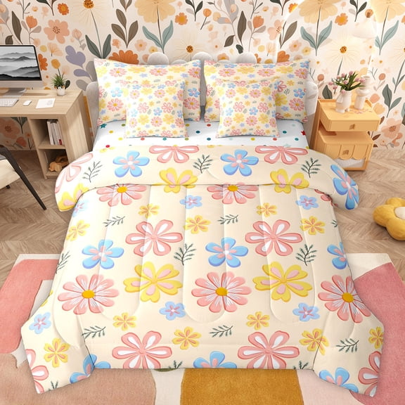 Homewish Pink Cherry Blossoms Twin Bedding Sets 7-Piece, Cartoon Flower Floral Bedding Comforter Set, Teens Kids Girls Women Reversible Sheet Sets, Super Cozy Room Decor