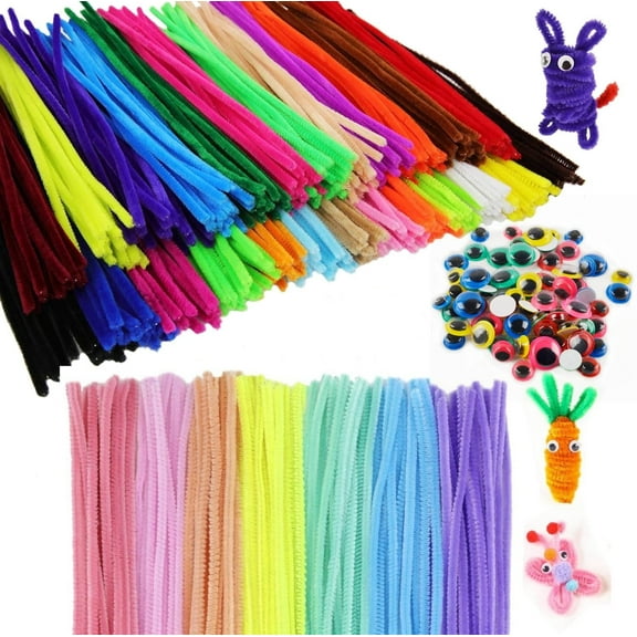 Boriyuan 300 Pcs Colourful Pipe Cleaners and 100 Pcs Self-Adhesive Wiggle Eyes Sets for DIY Arts Crafts Project, 30 Colors Pipe Cleaners Craft Supplies