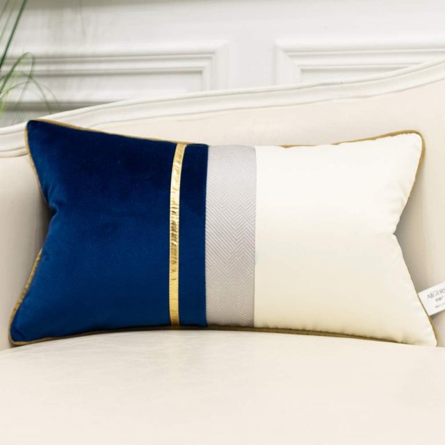 Funda de cojín de terciopelo con diseño de rayas de cuero azul marino, blanco y dorado, con diseño de patchwork, moderna y lujosa, para sofá, sala de estar, dormitorio y coche