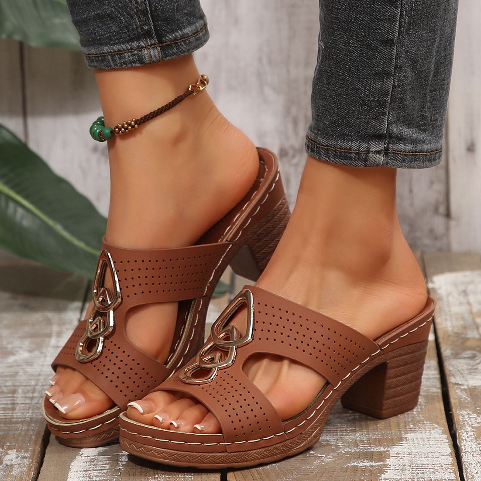 Dakaela Womens Heels Sandals Cutout Orthopedic Dressy Slide Pumps Summer Slip on Shoes Brown 9.5