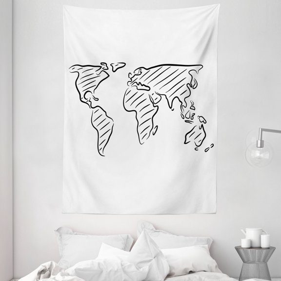 World Map Tapestry, Illustration of Outline Sketch of the World Map in Drawing Effect Artwork Print, Wall Hanging for Bedroom Living Room Dorm Decor, 60W X 80L Inches, Black White, by Ambesonne