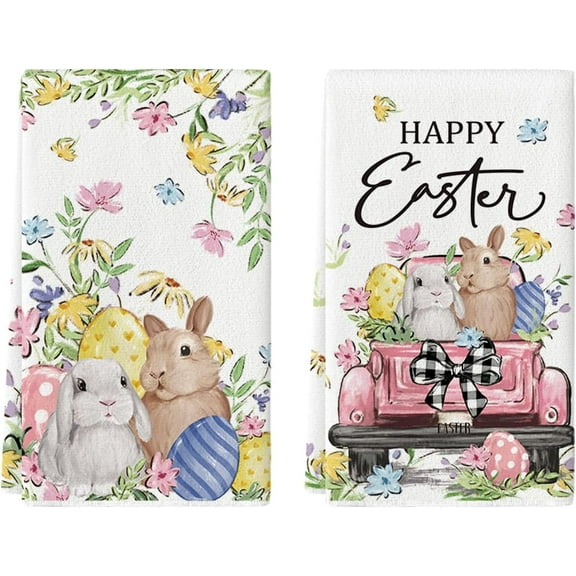Colorful Rabbits Bunny Bow Easter Kitchen Towels Dish Towels, 18x26 Inch Eggs Flower Farmhouse Holiday Decoration Hand Towels Set of 2