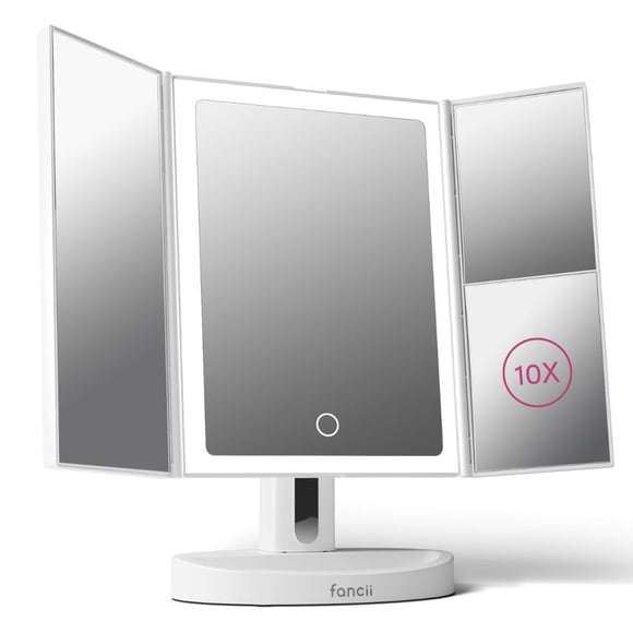 Fancii Vanity Makeup Mirror with LED Lights, 10x 5X 1X Magnification, Rechargeable - 68 Dimmable Natural Lights, Touch Sensor, Lighted Trifold Mirror
