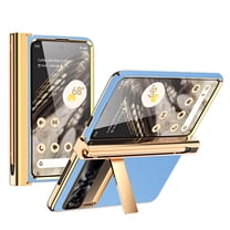 Compatible with Tempered Glass Screen Protector Case for Google Pixel Fold Case with Stylus Holder (Include Stylus), Luxury Leather Plating PC Cover with Kickstand & Hinge Protection, Blue