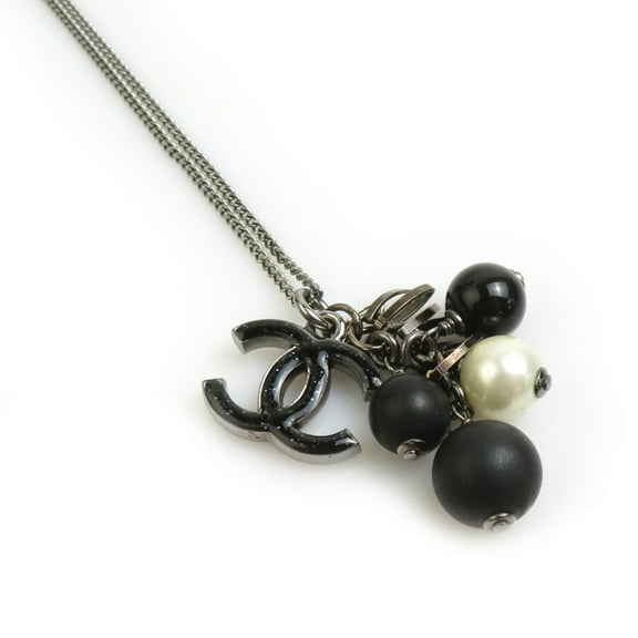 Pre-Owned CHANEL Coco Mark Metal Necklace with Faux Pearls in Black and Off-White,... (Good)