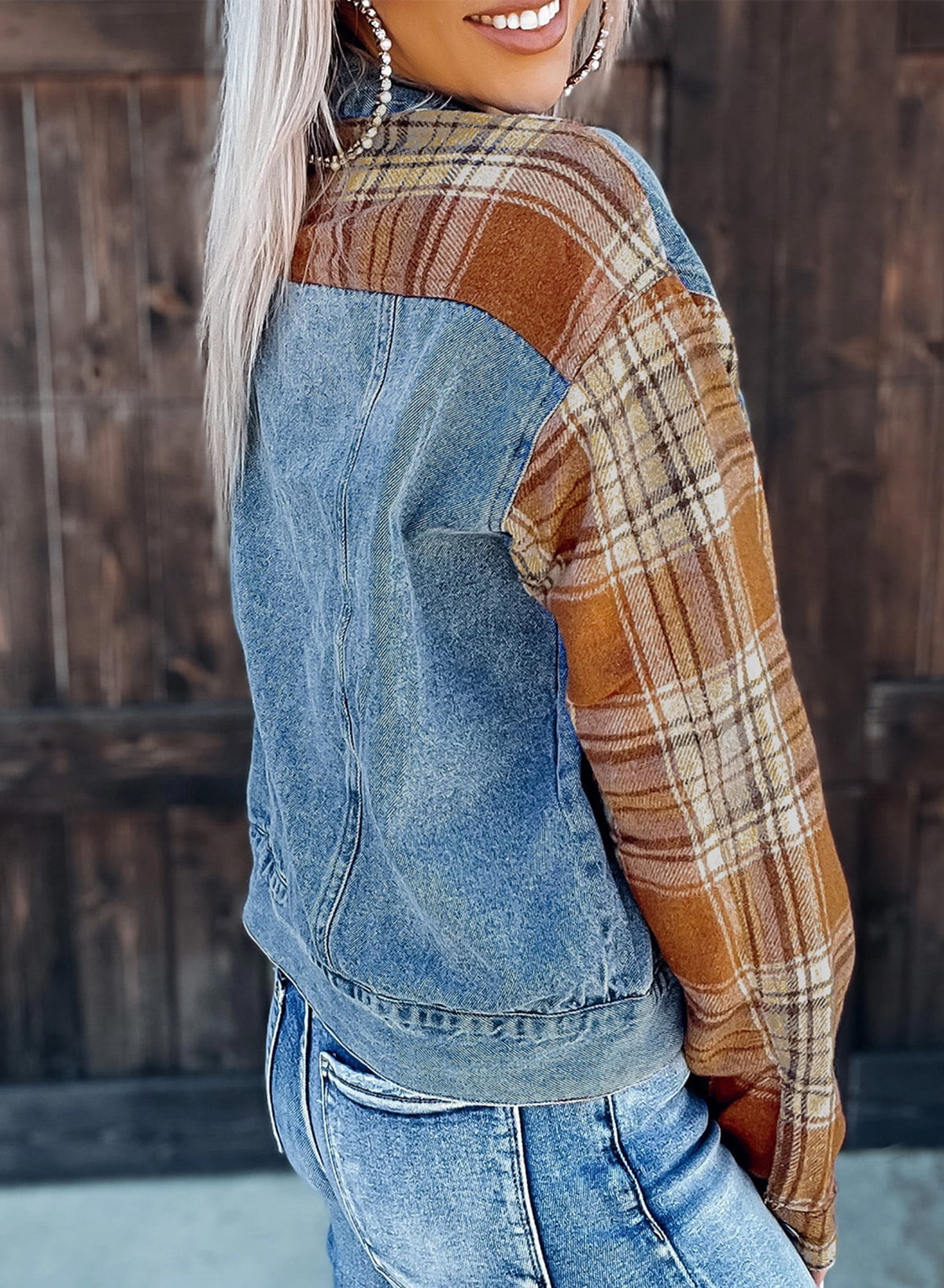Denim jacket hotsell with plaid sleeves
