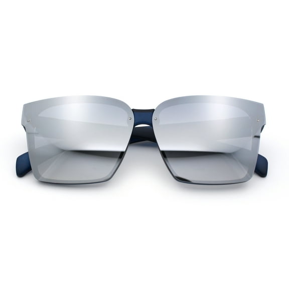 Retro Rimless Horn Rim Plastic Rectangular Classy Fashion Sunglasses Blue - Silver Mirror