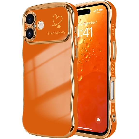 XIHAMA Compatible with iPhone 17 Case Cute for Women Girls Wave Shape, Luxury Plating Curly Wavy Frame with Love Heart Pattern, Raised Camera Protection Back Cover Shockproof Phone Case