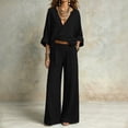 thumbnail image 5 of LEKWK Vacation Outfits for Women Elegant V Neck Long Sleeve Oversized Top and Wide Leg Pants Linen Matching Set Casual Travel Beach Loungewear, 5 of 6