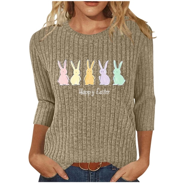 Camiseta de Cuello Redondo Impresa Casual de Manga 3/4 de Mujer Y Blusas, Tops de Moda de Otoño E Invierno
