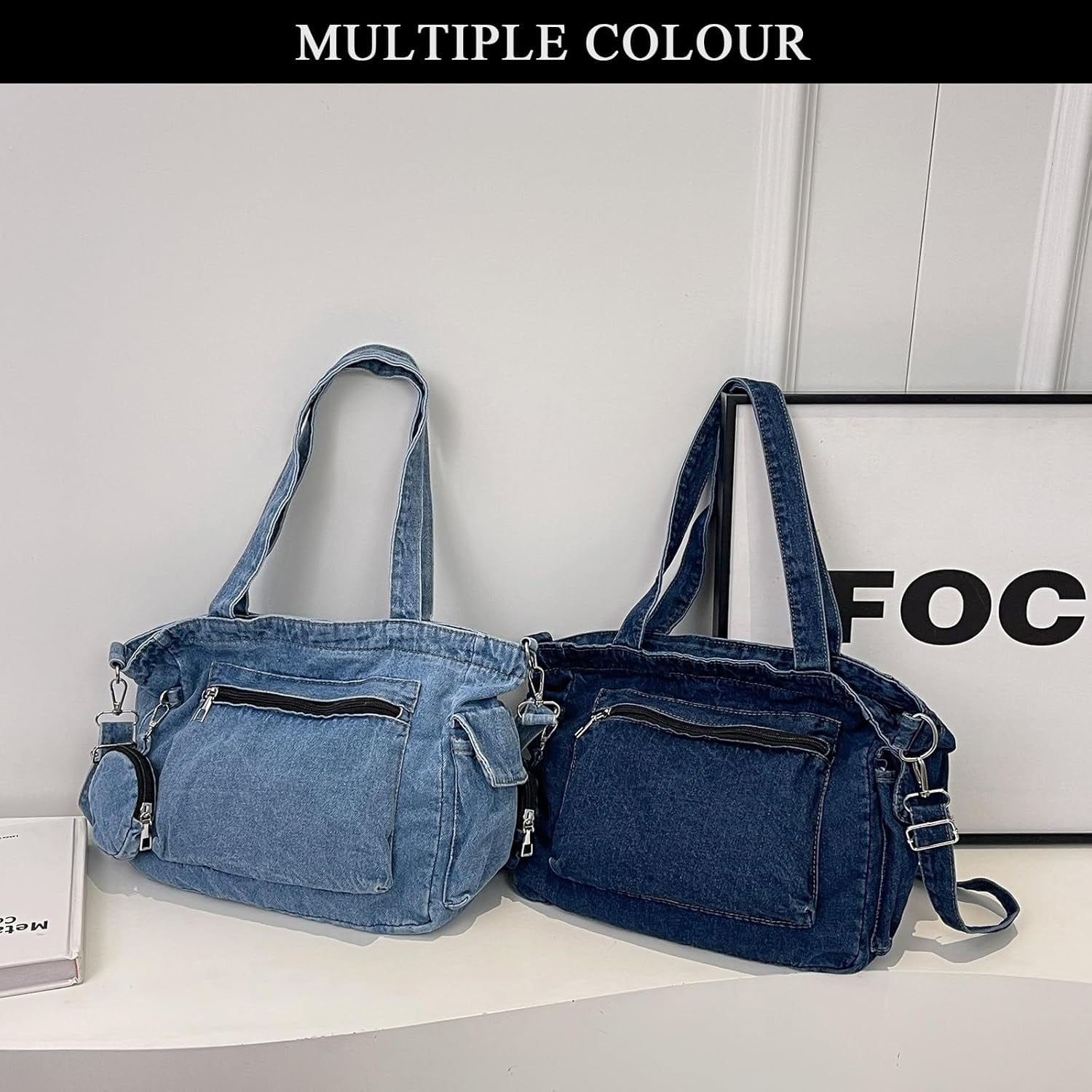 Denim Tote Bag, Large Capacity Jean Purses for Women Denim Crossbody Handbags with Small Purse