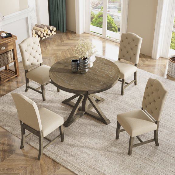 Euroco 5 Piece Retro Rubber Wood Extendable Dining Table with Chair Natural Wood Wash