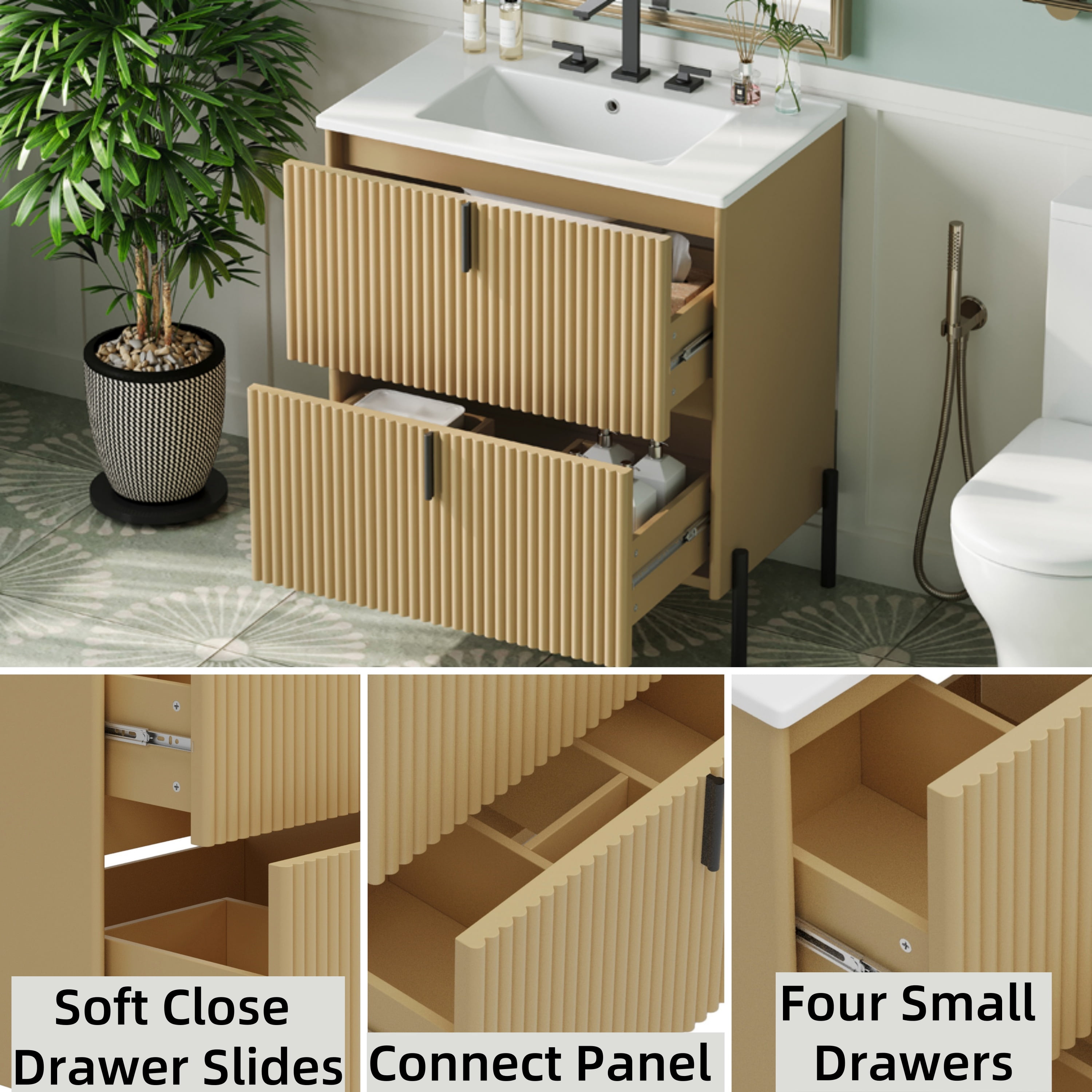 Euroco 30" Bathroom Vanity with Ceramic Sink, Equipped with Vertical Pulls and Full-Extension Drawers, Freestanding Bathroom Vanity with Soft Close Drawer Slides, Fluted Design, Natural