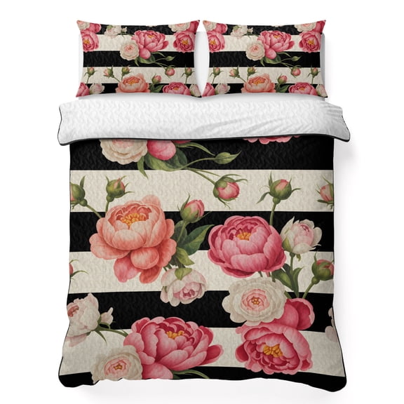 King Quilt Bedding Set Pink Flower Peony Rose Retro Linen Summer Quilt Lightweight Quilted Coverlet with 2 Pillow Shams, Black and White Stripes 3-Piece Bedspread Quilt Set for All Season