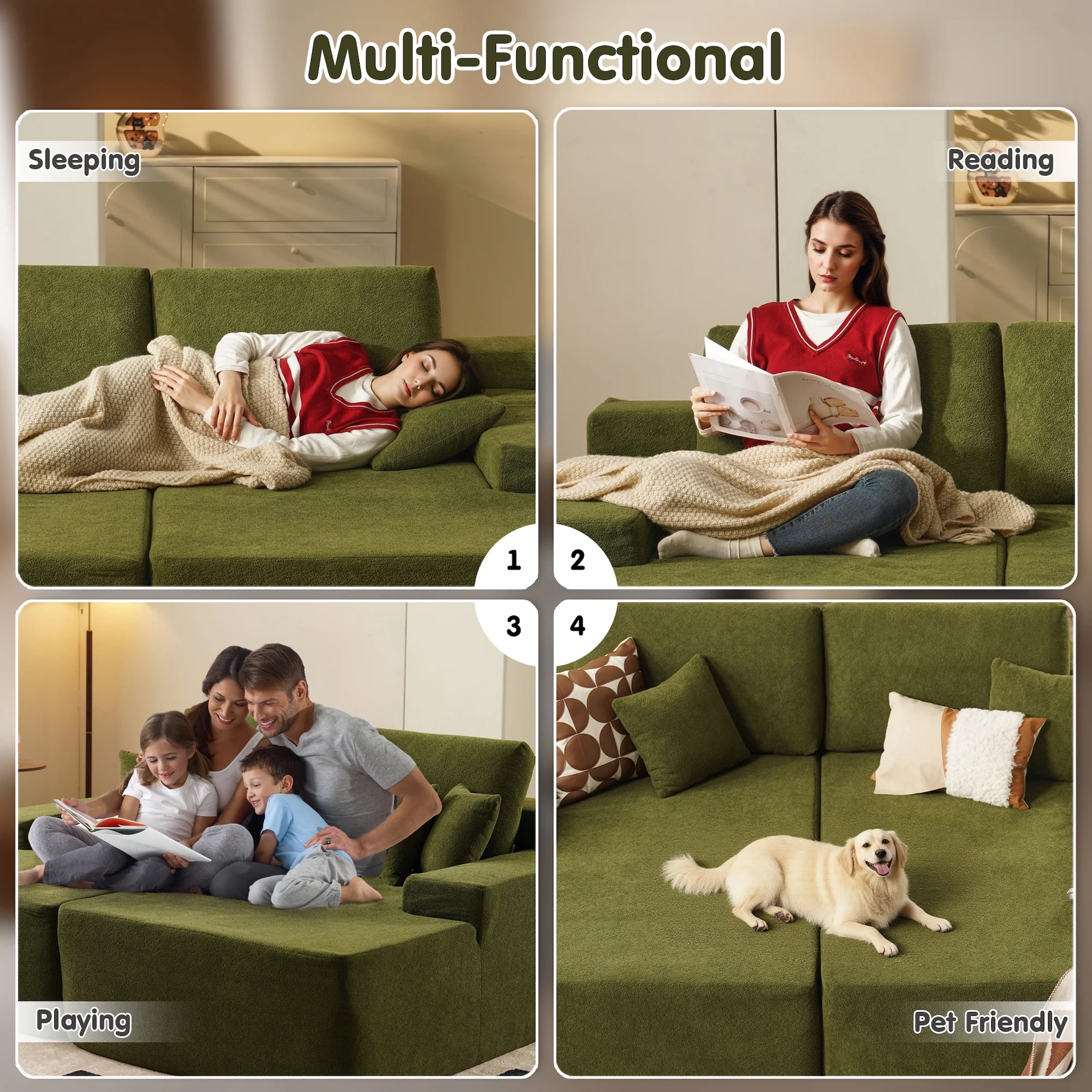 Vcatnet 81" Modular Sectional Sofa Couch Sherpa Chaise Lounge Loveseat Sofa Bed Oversized Upholstered Sleeper Sofa for Living Room and Bedroom, Green