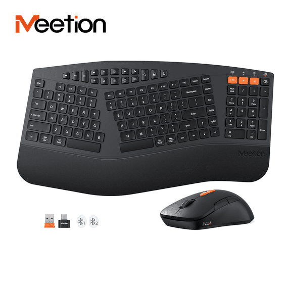 Meetion Ergonomic Split Keyboard and Mouse Combo, Bluetooth Wireless, Multi-Device, 4-Level DPI for PC/Mac - Black