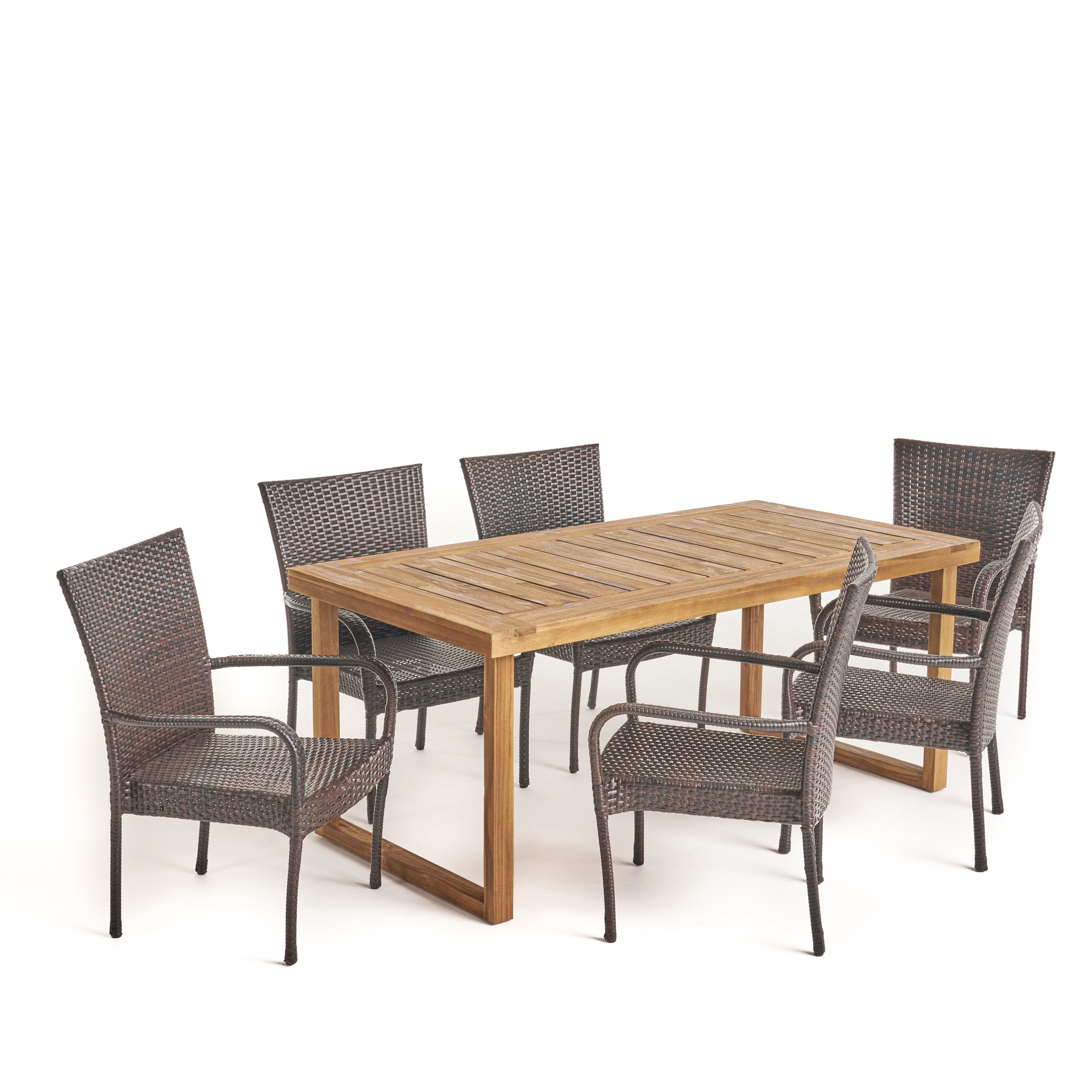 Lisa Outdoor 7 Piece Acacia Wood Dining Set with Stacking Wicker Chairs, Sandblast Natural Stained, Multi Brown
