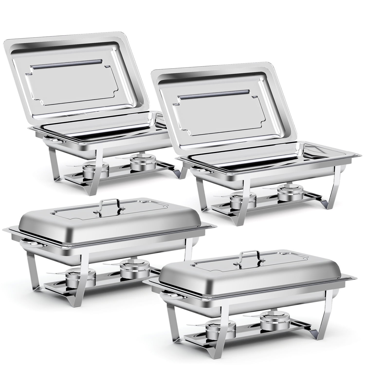 Bluebow 4 Pack Chafing Dishes for Buffet Set, Stainless Steel Catering Chafer, Serving Food Warmer with Lids, Food & Water Pans & Fuel Holders