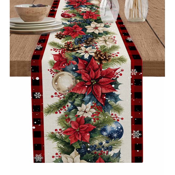 Ldtrchee Christmas Table Runner 60 Inches, Xmas Botanical Poinsettia Balls Red Plaid Bed Runner Dresser Scarves Tabletop for Indoor Outdoor Parties/Ceremony/Banquet, 13" x 60"