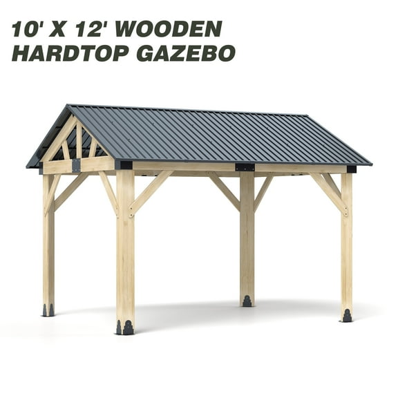 GARTOO 10FT x 12FT Outdoor Cedar Wooden Gazebo with Galvanized Steel Hardtop Roof - Heavy-duty Garden, Patio, Deck Shelter