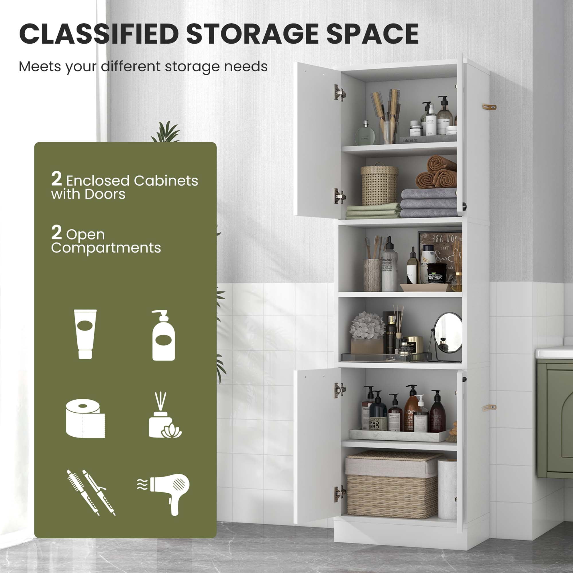 Costway 75" Tall Bathroom Storage Cabinet with 4 Doors & 2 Open Compartments Freestanding White