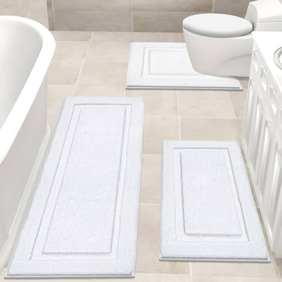 Bathroom Rugs Set 3, Yamaziot Non Slip Bath Runners, Washable Soft Shaggy Plush Absorbent Microfiber Shower Rug with Toilet Floor Mat, Solid White