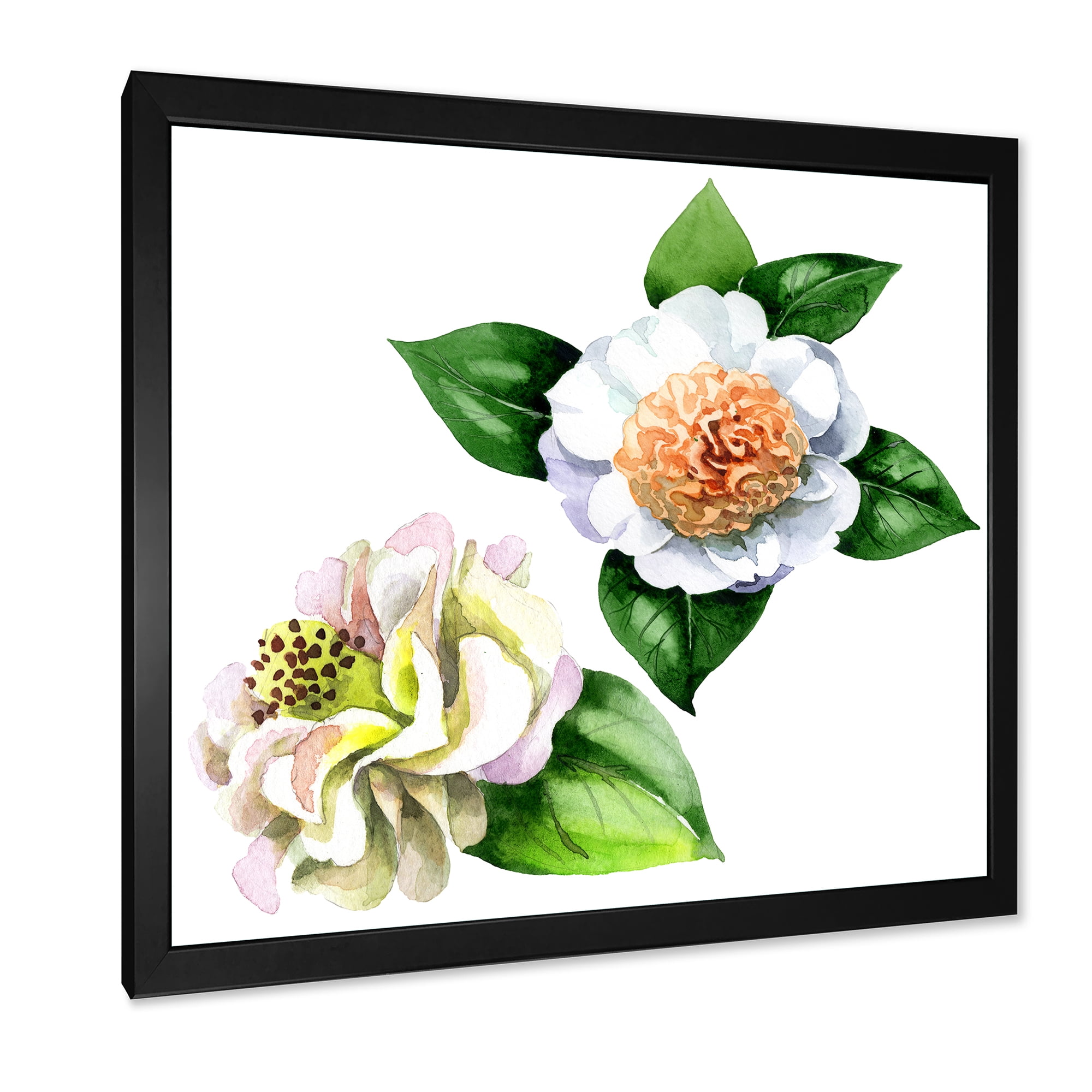 Designart 'Ancient White Camellia Flowers With Green Leaves' Traditional Framed Art Print