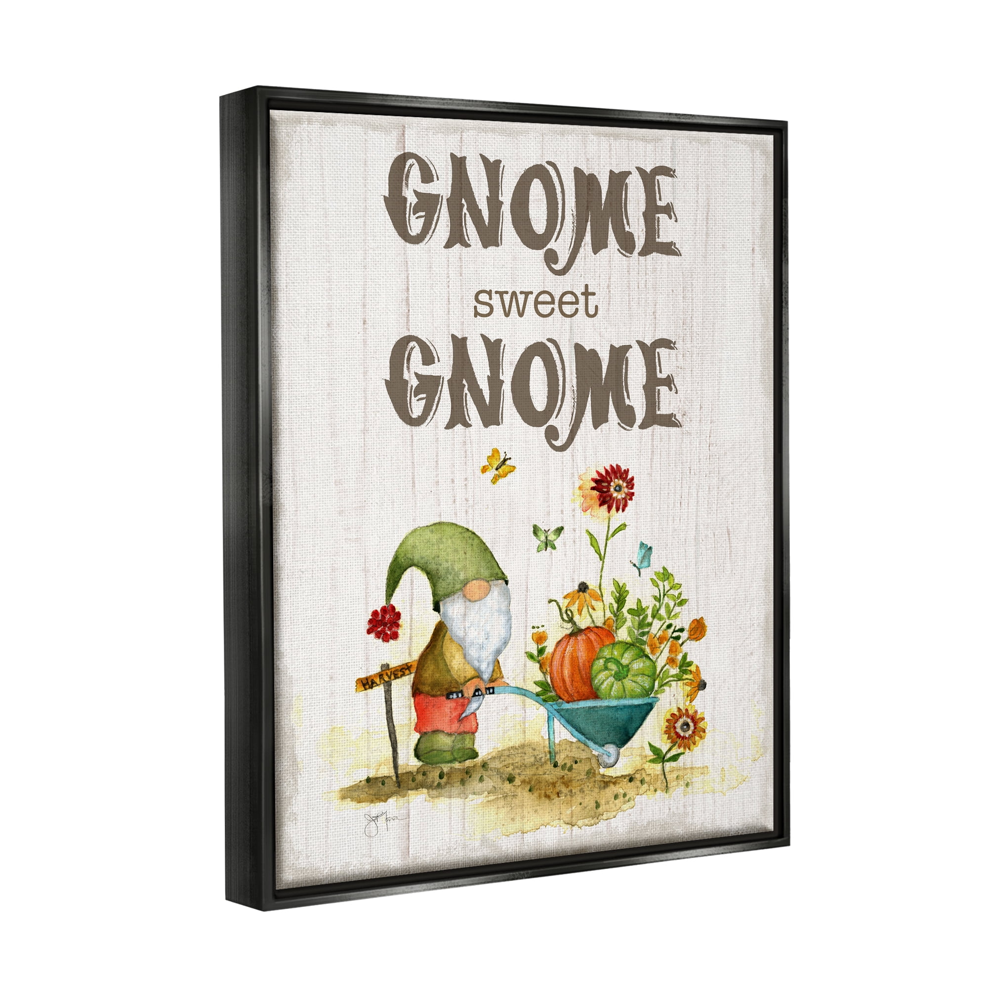 Stupell Industries Sweet Gnome Floral Harvest Botanical & Floral Painting Black Floater Framed Canvas Art Print Wall Art, 17 x 21