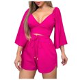 thumbnail image 2 of Fankiway Women'S Casual Three-Quarter-Sleeve V-Neck Belted tops High Waist Shorts Suits Womens Set Summer Outfits Summer Outfits for Women 6267 Piece, 2 of 8