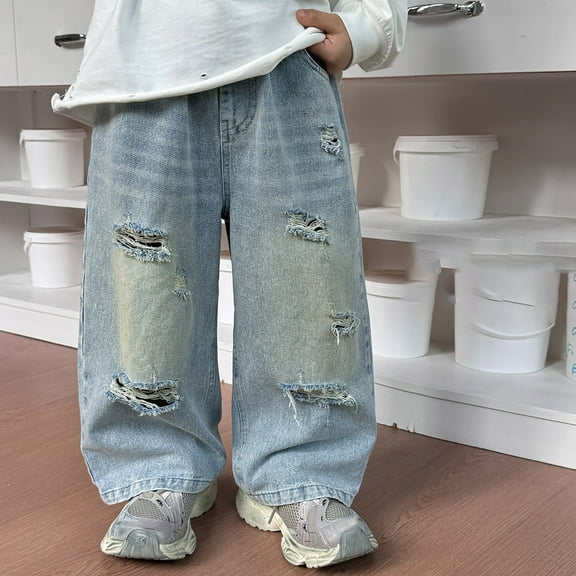 Trendy Boys Pants Baggy Jeans with Elastic Waist Distressed Ripped Denim for Active Kids Fashionable Comfortable Wear
