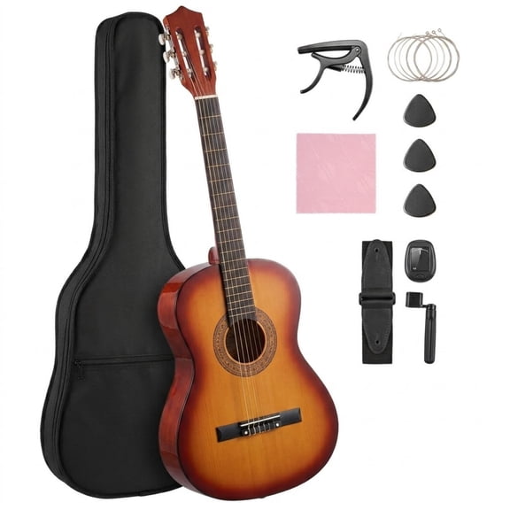 38-Inch Classical Guitar Beginner Starter Kit, Basswood Wood Guitar with Nylon Strings, Gig Bag & Tuner, Sunburst