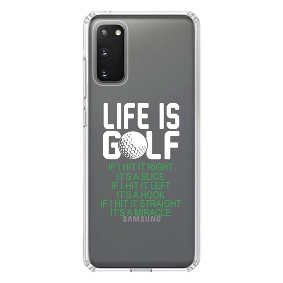 DistinctInk Clear Shockproof Hybrid Case for Galaxy S20 / S20 5G (6.2" Screen) - TPU Bumper Acrylic Back Tempered Glass Screen Protector - Life is Golf Slice Hook Straight Miracle