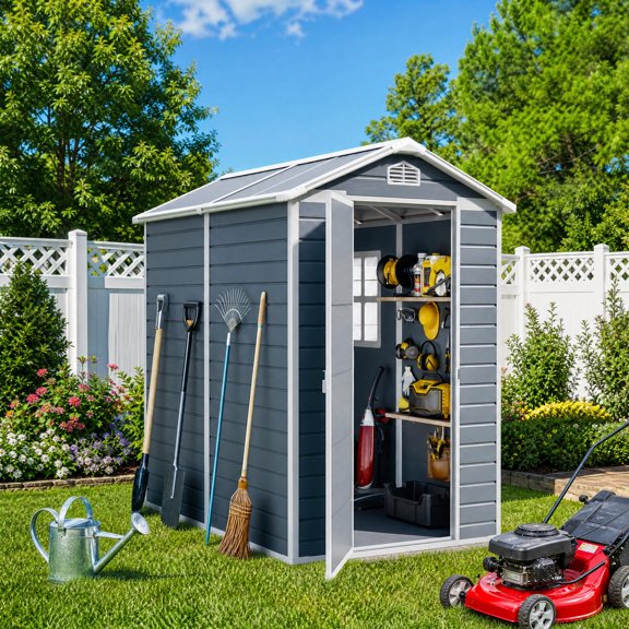 Asofer 6x4ft Resin Storage Shed, Plastic Outdoor Shed with Floor, Side Window, Lockable Door for Backyard, Garden, Patio, Gray