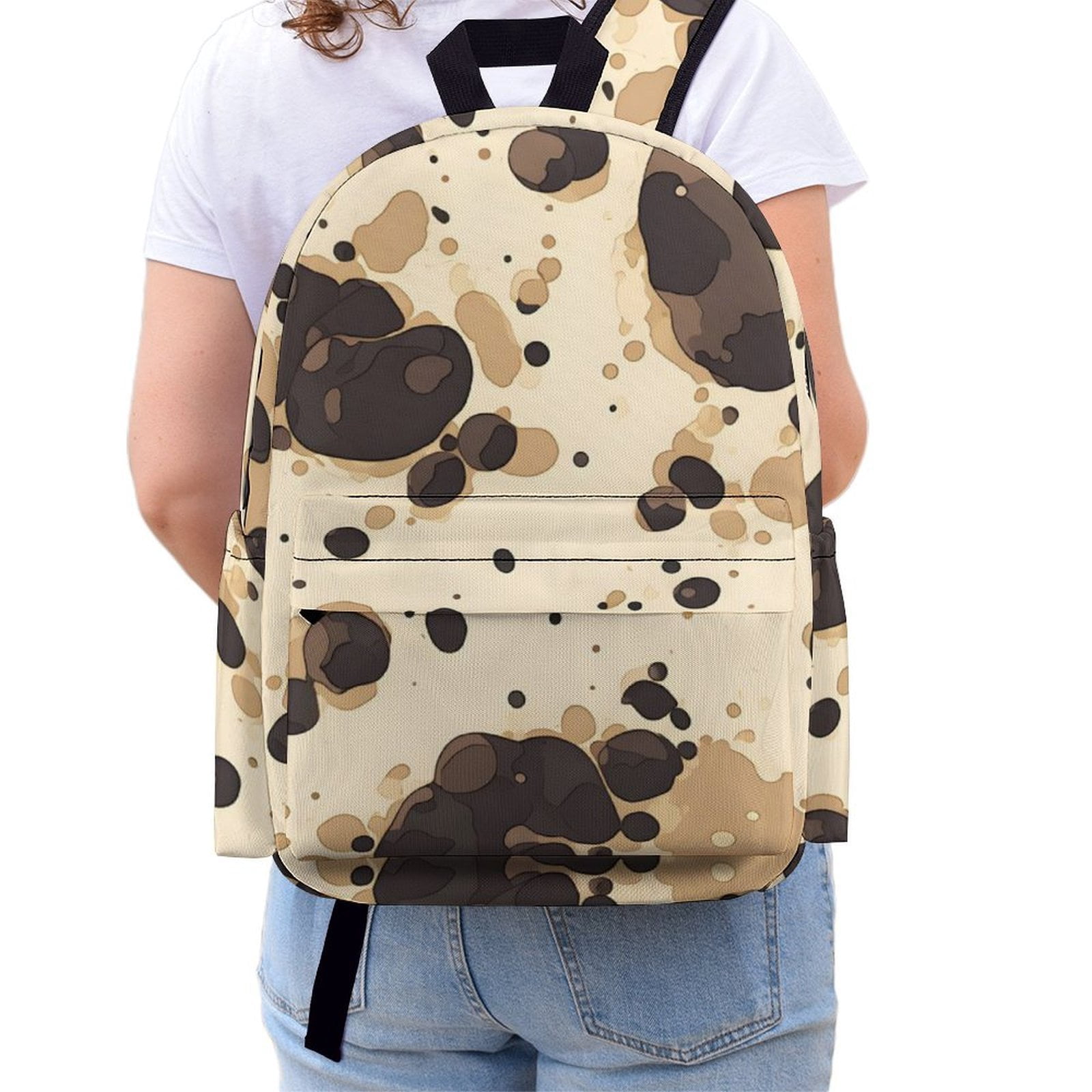 Large Capacity Half Print Backpack 11.8×16.5×5.9in Multifunctional Zipper Design Convenient Switch Milk Cow Print Style Sienna_1