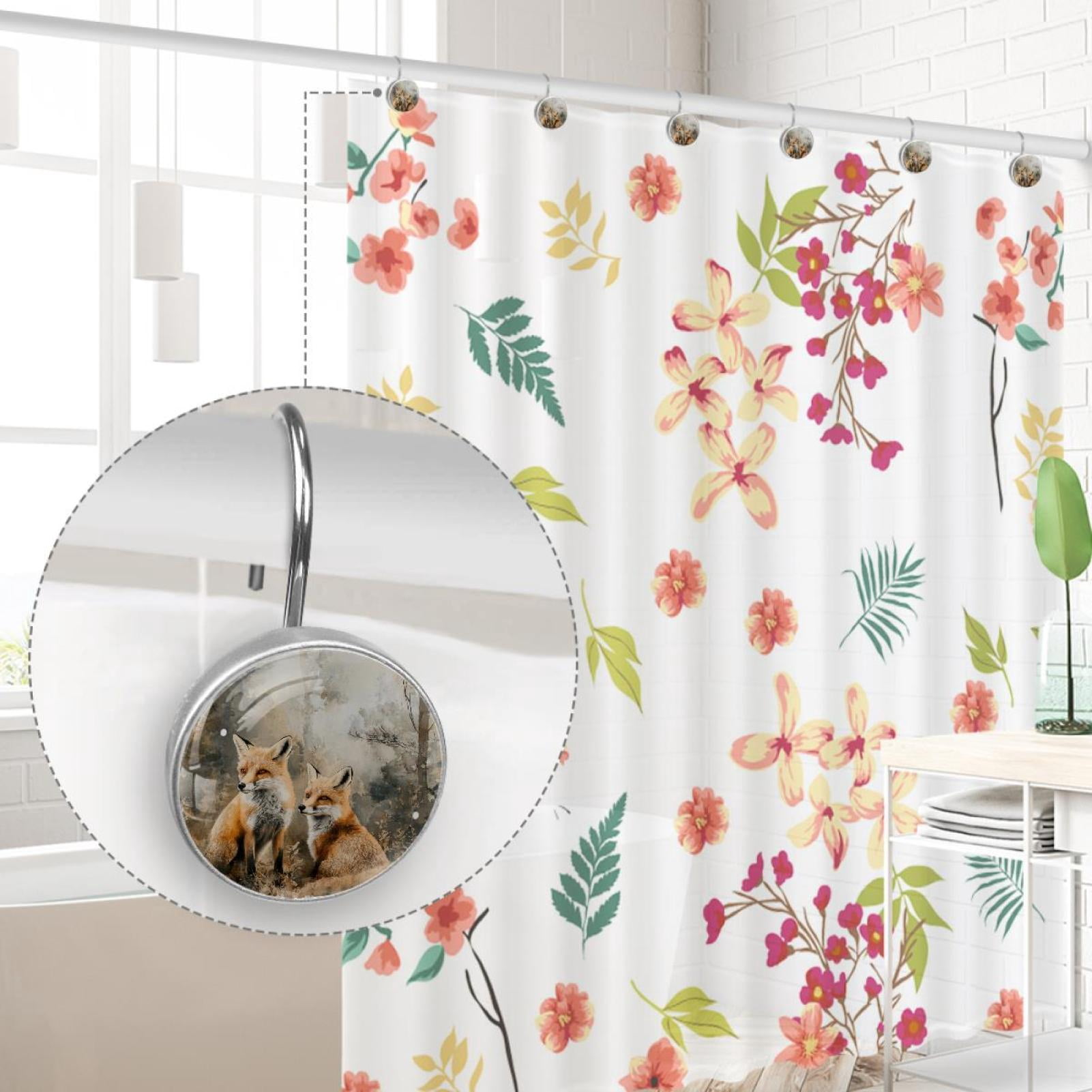 Watercolor Forest Foxes Shower Curtain Hooks Round Crystal Glass, Set of 12 Shower Curtain Rings - Shower Hooks for Curtain Shower Rings